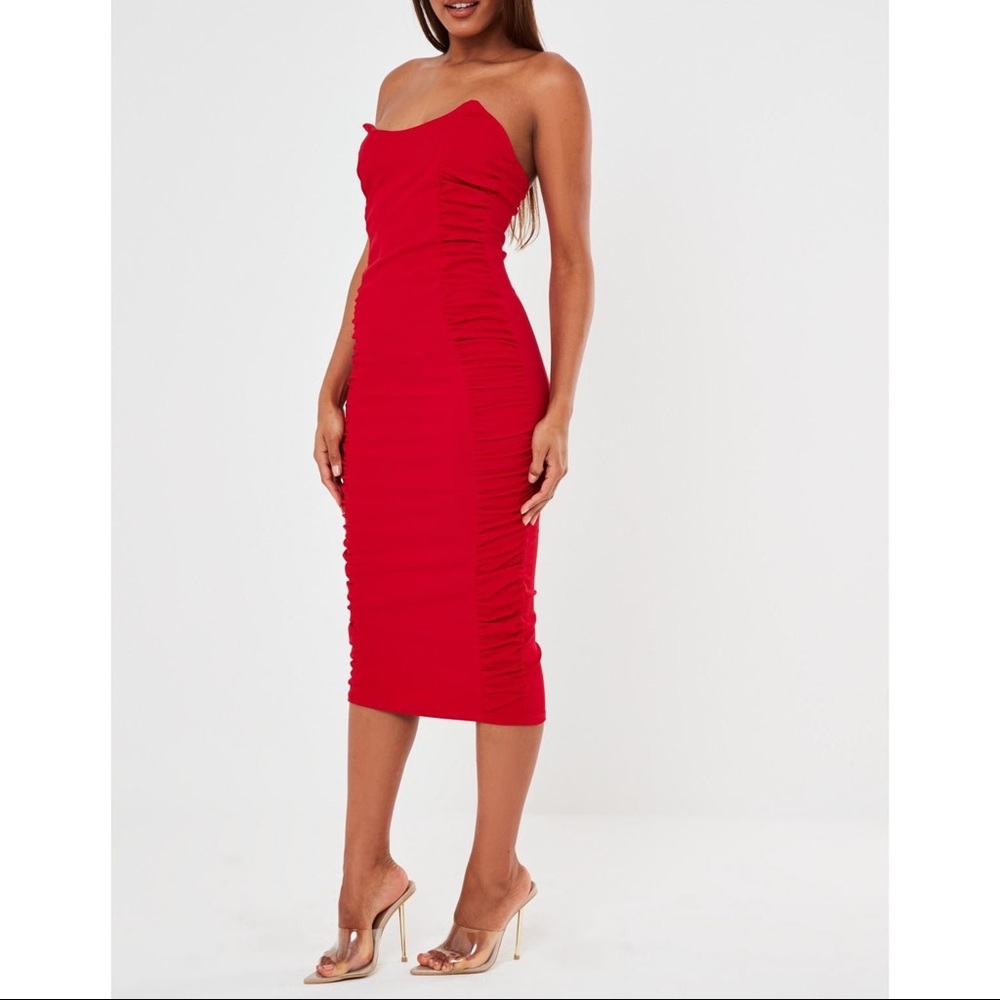 red scuba crepe ruched side midaxi dress